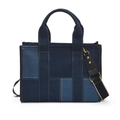 Large denim tote bag featuring blue patchwork design and adjustable shoulder strap - Light Blue Patchwork