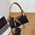 Vintage Boston bag in black suede with brown leather trim and beaded tassel detail - Basic Style / Black