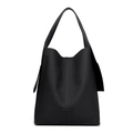 Minimalist black matte leather hobo tote bag with vertical stitching and wide strap - Black