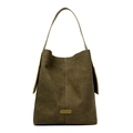Olive green hobo shoulder bag in faux suede with vertical stitching and rectangle detail - Green