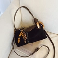 Vintage black suede and brown leather boston bag with beaded charm on soft sofa - With Beaded Pendant / Black