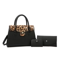 Black pebbled leather tote bag set with leopard print flap and golden metal clasp - Three-Piece Set / Leopard Print