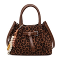 Leopard print handbag for women with brown leather handles and colorful beaded tassel detail - Brown