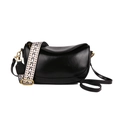 Glossy black pleated dumpling bag with geometric wide strap and gold hardware - Black