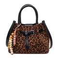 Leopard print handbag with black leather handles and colorful beaded charm detail - Black