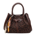 Chic leopard print handbag with suede texture and a colorful beaded tassel charm - Brown