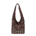 Borsa hobo in pelle scamosciata marrone scuro con borchie argentate e ampia capienza - Marrone