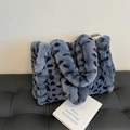 Large gray-blue leopard print plush tote bag with a soft faux fur texture for winter - Blue
