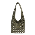 Borsa tote in camoscio verde oliva con borchie argentate e tracolla dal design vintage - Verde