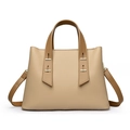 Bolso tote beige con grano de litchi, asas marrón oscuro y hebilla de metal dorado - Amarillo