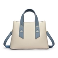 Bolso tote minimalista crema con asas azules y textura de cuero de grano lichi - Blanco Roto