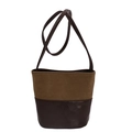 Bolso cubo retro bicolor en ante marrón y cuero café oscuro con correa para el hombro - Moca
