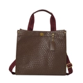 Dunkelbraune geprägte Shopper-Tasche mit weinroten Streifen-Riemen und Gold-Drehverschluss - Braun