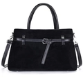 Large black suede tote bag with leather handles and silver hardware for office commute - Black