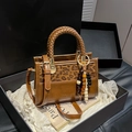 Caramel brown square handbag with leopard print panel and woven handle in a gift box - Leopard Print