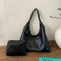 Borsa tote retrò in pelle nera traforata con pochette interna coordinata inclusa - Nero