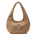 Braune Hobo-Tasche aus Wildleder mit silbernen Sternnieten und Retro-Punk-Design - Khaki