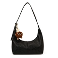 Black woven texture hobo shoulder bag featuring a cute brown plush pendant - Black With Pendant