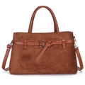 Caramel brown matte tote bag with leather buckle strap and adjustable shoulder strap - Tan
