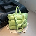 Quilted down tote bag in light green metallic finish with padded shoulder straps - Green