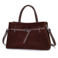 Dark brown matte suede tote bag with leather trim and shoulder strap in a front view - Brown