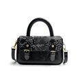 Retro black snakeskin patchwork handbag with gold hardware and detachable strap - Black