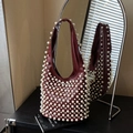 Burgundy faux pearl studded underarm bag with elegant matte leather finish and handle - Burgundy