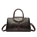Borsa a mano marrone scuro con trama lucertola, motivi a rosa e design frontale a Y - Marrone
