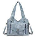 Detail of gray-blue retro tote bag with dual zippers and vintage buckle pocket - Blue