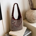 Fashionable burgundy underarm bag with white faux pearl embellishments and round structure - Brown