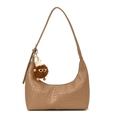 Caramel woven texture hobo bag with a cute brown monster plush charm on shoulder strap - Khaki With Pendant