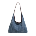 Blue denim canvas tote bag with silver studs and brown leather straps for daily commute - Aqua