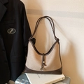 Retro hobo shoulder bag in beige fabric and dark brown leather with metal ring buckle - Khaki