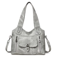 Vintage gray soft leather shoulder bag with buckle pocket and dual zipper details - Gray