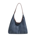 Blue denim canvas tote bag with white polka dots and brown leather shoulder straps - Dark Blue