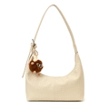 Chic cream woven hobo shoulder bag with a playful brown faux fur charm accessory - White With Pendant