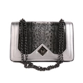 Metallic silver leather chain crossbody bag with snake skin pattern on front panel - Silver
