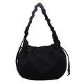 Fashionable black corduroy cloud bag with ruched shoulder strap and drawstring closure - Black