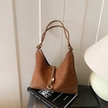 Vintage dark brown suede hobo bag with leather trim and metal ring buckle detail - Brown
