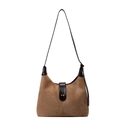 Retro brown suede crescent shoulder bag with dark leather strap and buckle detail - Khaki