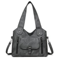 Vintage dark grey soft leather tote bag with functional pockets and adjustable straps - Black