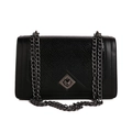 Retro black shoulder bag with snakeskin texture flap and dark grey metal chain strap - Black