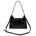 Glossy black patent leather hobo bag with adjustable straps and silver hardware - Black