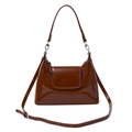 Glossy dark caramel patent leather crossbody bag with adjustable strap and front pocket - Brown