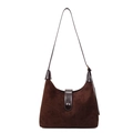 Retro coffee brown suede shoulder bag with crescent shape and smooth leather trim - Brown