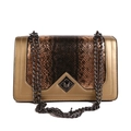 Retro snake-print shoulder bag in gold and brown with metallic diamond twist lock - Gold