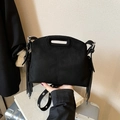 Retro black suede fringe shoulder bag with eyelet strap and cut-out top handle - Black
