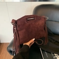 Retro dark brown frosted leather shoulder bag with tassels and integrated handle grip - Brown