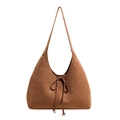 Brown faux suede hobo bag featuring a decorative bow and metallic beads - Brown