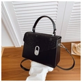 Black PU leather handbag with snakeskin pattern flap and silver oval metal buckle - Black